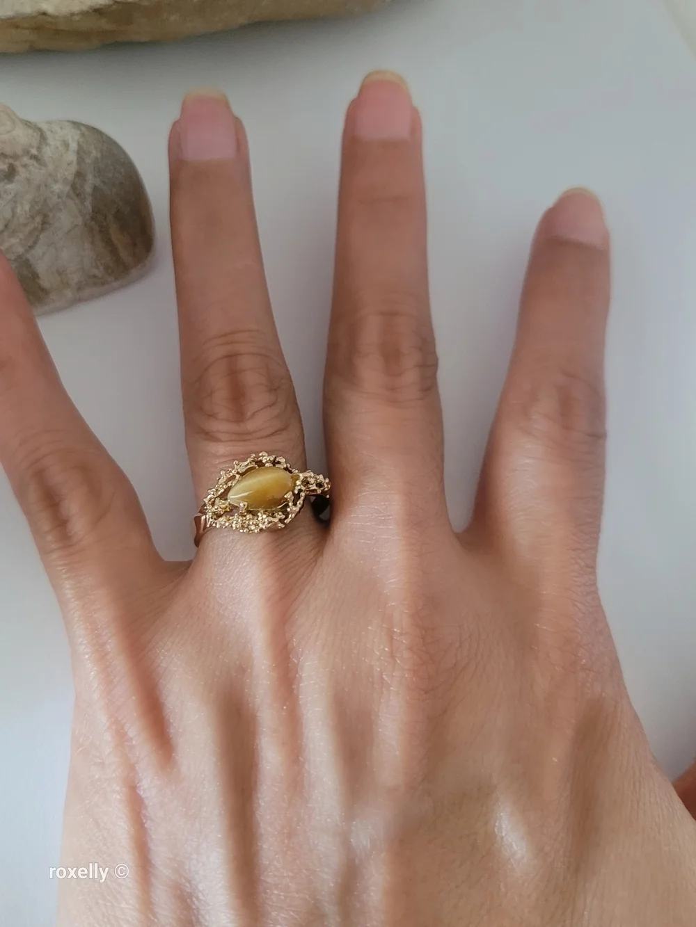 14K Yellow Gold Tiger Eye Cocktail Ring Size 8.25, Solid Gold! 👌🎁